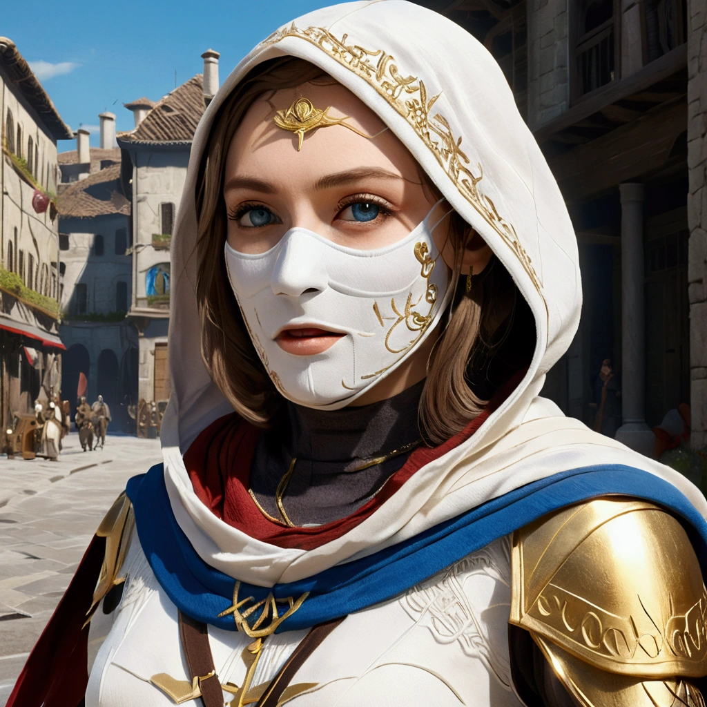 A full body photo of Princess Zelda., Brown hair, Blue eyes, dressed as an assassin from Assassins Creed, in white+gold with white mask and hood with gold details, XL Bust, wearing a wristband. bottom: A city during the Renaissance period. unreal engine 5, cheered up, cheered up style, Masterpiece, well drawn eyes, well drawn face, well detailed eyes, Well detailed face, 8k, light and shadow effect.  