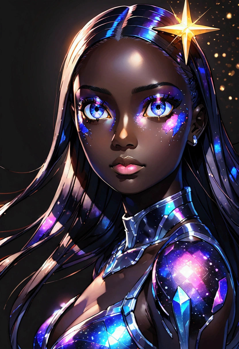 Porträt, ein Battle Angel-Porträt, beautiful black skin with funkelns and glitter, lange lange Haare, glänzende und aufhellende Augen detaillierte Haut, Das Bild überzeugt durch dynamische Komposition und energisches Posieren. Integrieren Sie viele Fantasiedetails wie Unebenheiten, gespenstisches Schillern, glitter, galaxy, Kosmos, ((dunkler Himmelshautkörper, Leere kosmische Körper)), (((dunkler Hintergrund))), (((Lichten aus))), (((Hollywood dunkel))), Grusel, Dramatische Schatten, (in einem dunklen Fantasy-Raum:1.3, glitter, funkeln, glänzen) digitale Vektorgrafik, (schwarzer Hintergrund:1.5)scharf