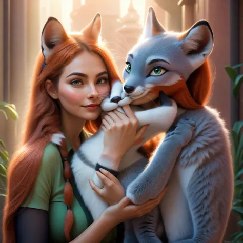 there was a woman holding a cat and touching her face with her hand., love fantasy fox, zootopia style, animal photographydigita...