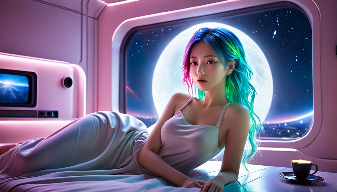 (Highest quality,8K,Super detailed:1.2),(CG,CG Art,3D Rendering),(masterpiece:1.2),（Crawling on the table），（Smart and stylish clothing），(Cinema Lighting,Futuristic),(Woman lying in bed,Sleep,close your eyes),(The big window behind her,quiet night),(Colorful Hair:1.5)