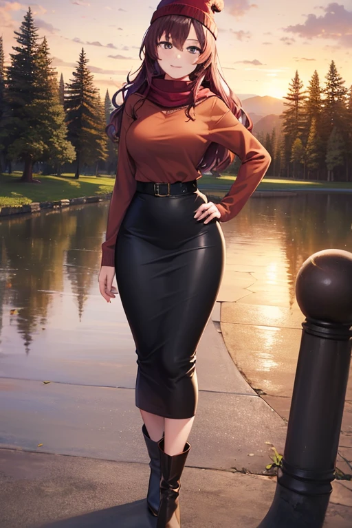 ((masterpiece, best quality)), highres, beautiful woman looking at viewer, hand on hip, wide hips, smiling, brown hoodie, black midi pencil skirt, pencil skirt, red beanie, leather boots, red scarf, full body, medium purple hair, wavy hair, garden, fall evening, sunset, trees, leaves falling, park, flowers