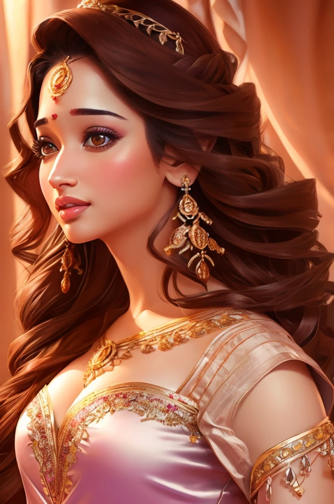 A stunning hyper realistic full body character portrait of a beautiful tamannah bhatia, expressive hyper detailed eyes, full hyper detailed lips, wavy brown hair, square face, incomprehensible beauty, wearing a satin night dress, sensual allure