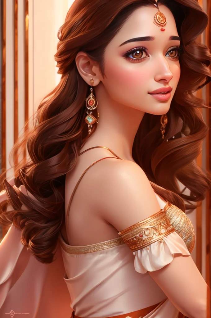 A stunning hyper realistic full body character portrait of a beautiful tamannah bhatia, expressive hyper detailed eyes, full hyper detailed lips, wavy brown hair, square face, incomprehensible beauty, wearing a satin night dress, sensual allure