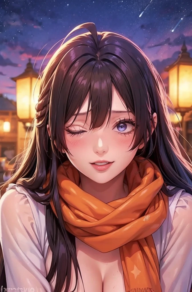 1girl, ahoge, bangs, blonde hair, blowing kiss, blue eyes, blue scarf, brown scarf, cleavage, closed mouth, eyelashes, face, floating hair, hair between eyes, heart, lips, lipstick, long hair, looking at viewer, makeup, night sky, nose, one eye closed, orange scarf, pink lips, pink scarf, portrait, purple eyes, realistic, red lips, red scarf, scarf, signature, smile, solo, space, spoken heart, star (sky), starry sky, upper body, watermark, yang xiao long, yellow scarf