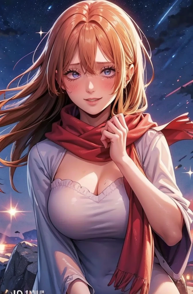 1girl, ahoge, bangs, blonde hair, blowing kiss, blue eyes, blue scarf, brown scarf, cleavage, closed mouth, eyelashes, face, floating hair, hair between eyes, heart, lips, lipstick, long hair, looking at viewer, makeup, night sky, nose, one eye closed, orange scarf, pink lips, pink scarf, portrait, purple eyes, realistic, red lips, red scarf, scarf, signature, smile, solo, space, spoken heart, star (sky), starry sky, upper body, watermark, yang xiao long, yellow scarf