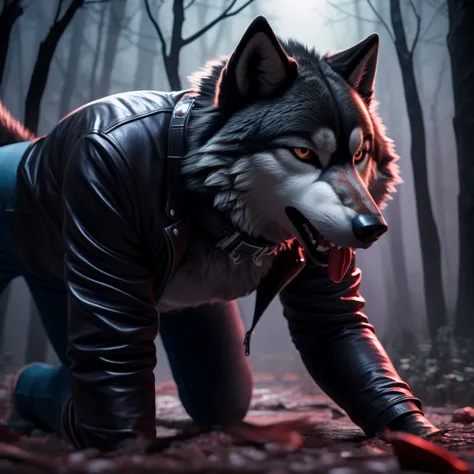 on all fours, male, 30 years old, cute, eyeliner, mouth open with tongue hanging out, black leather jacket, anthro, wolf ears, (...