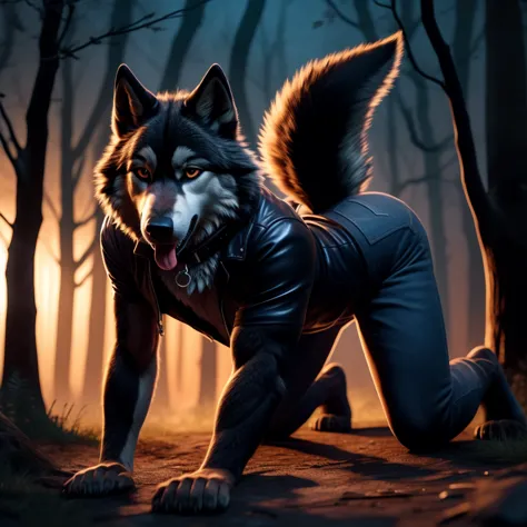On all fours, Male, 30 years old, cute, eyeliner, mouth open with tongue hanging out, black leather jacket, anthro, wolf ears, (...