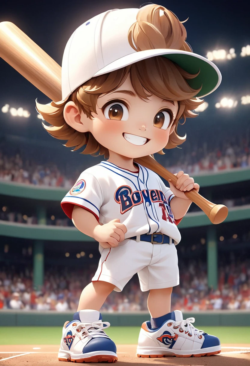   Un niño jugador de béisbol muy lindo sosteniendo un bate en la mano, con un gorro blanco de béisbol, camiseta y zapatillas, muy lindo, sonriendo y mirando al público.

             ( anatomía perfecta ) Textura hermosa y extremadamente fina.，detallado, brillante, Estilo de animación de alta definición y presentación de alta calidad.