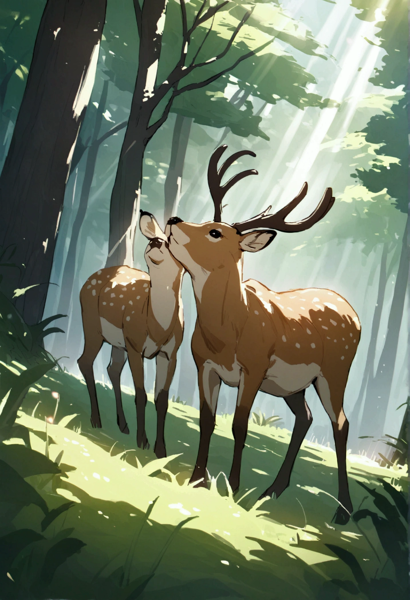 deer eating grass in the forest on a bright morning