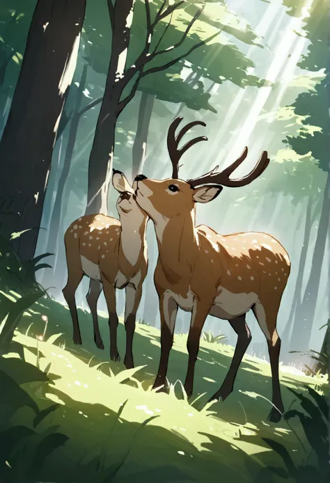 deer eating grass in the forest on a bright morning