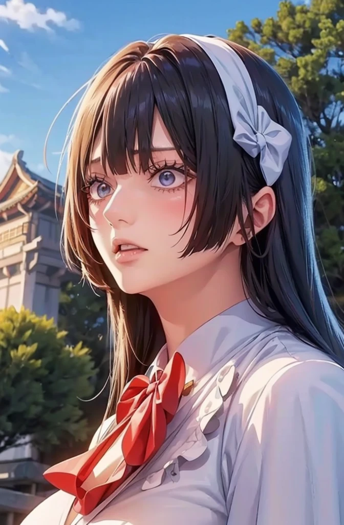 there is a woman with long hair wearing a white jacket and a bow tie, korean girl, realistic young anime girl, chinese girl, anime girl in real life, anime girl with long hair, white hime cut hairstyle, cute natural anime face, realistic anime 3 d style, beautiful anime girl, with cute - fine - face, beautiful anime portrait, beautiful south korean woman