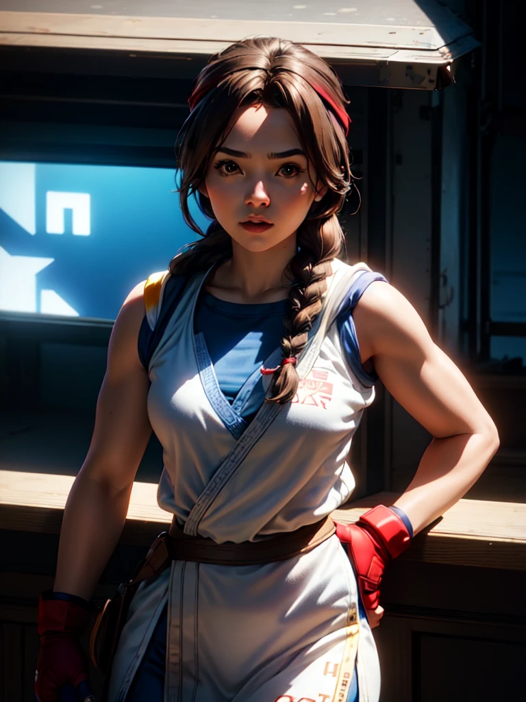 20-year-old woman, alone, athletic, brown hair tied in a braid, wears a red bandana on her forehead, wears blue fingerless gloves, wears blue gloves, high resolution, perfect image, very detailed, high contrast, colors digital, simple, medium shot, cinematic, ultra sharp focus, Award-winning photography, perfect contrast, high sharpness, depth of field, ultra detailed photography. global illumination, fluid, ultra high definition, 8k, Unreal Engine 5, ultra sharp focus, award-winning photography, Art Season Trends,
