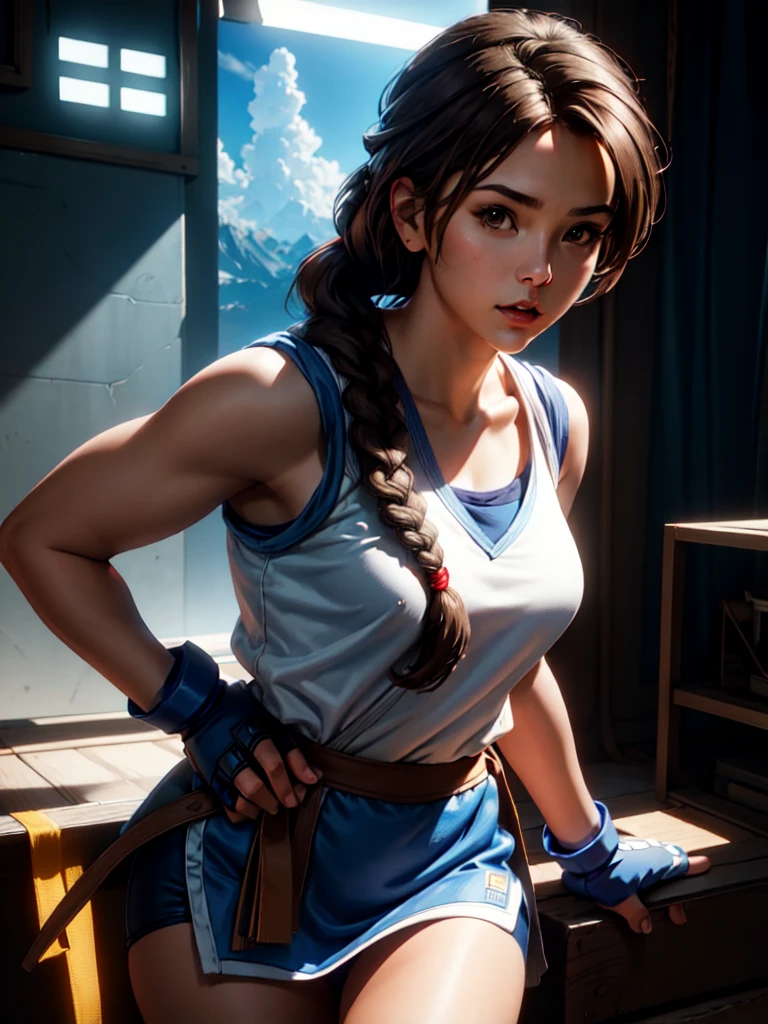 20-year-old woman, alone, athletic, brown hair tied in a braid, wears a red bandana on her forehead, wears blue fingerless gloves, wears blue gloves, high resolution, perfect image, very detailed, high contrast, colors digital, simple, medium shot, cinematic, ultra sharp focus, Award-winning photography, perfect contrast, high sharpness, depth of field, ultra detailed photography. global illumination, fluid, ultra high definition, 8k, Unreal Engine 5, ultra sharp focus, award-winning photography, Art Season Trends,
