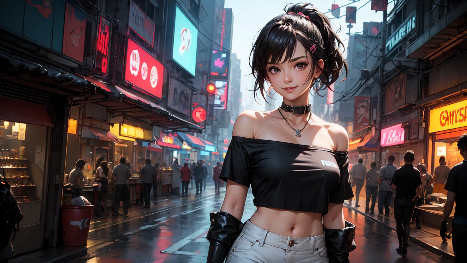 (best quality), indoors, (cyberpunk city:1.2), cowboy shot, 1girl, solo, ProjektMelodyOriginal, bandaid on nose, short hair, ponytail, hair ribbon, hairclip, medium breasts, toned, looking at viewer, smile, happy, strapless, black shirt, print shirt, off-shoulder shirt, crop top, short sleeves, elbow gloves, white gloves, micro shorts, white shorts,