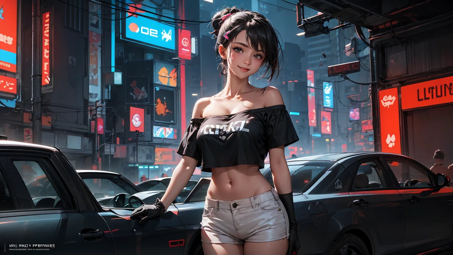 (best quality), indoors, (cyberpunk city:1.2), cowboy shot, 1girl, solo, ProjektMelodyOriginal, bandaid on nose, short hair, ponytail, hair ribbon, hairclip, medium breasts, toned, looking at viewer, smile, happy, strapless, black shirt, print shirt, off-shoulder shirt, crop top, short sleeves, elbow gloves, white gloves, micro shorts, white shorts,