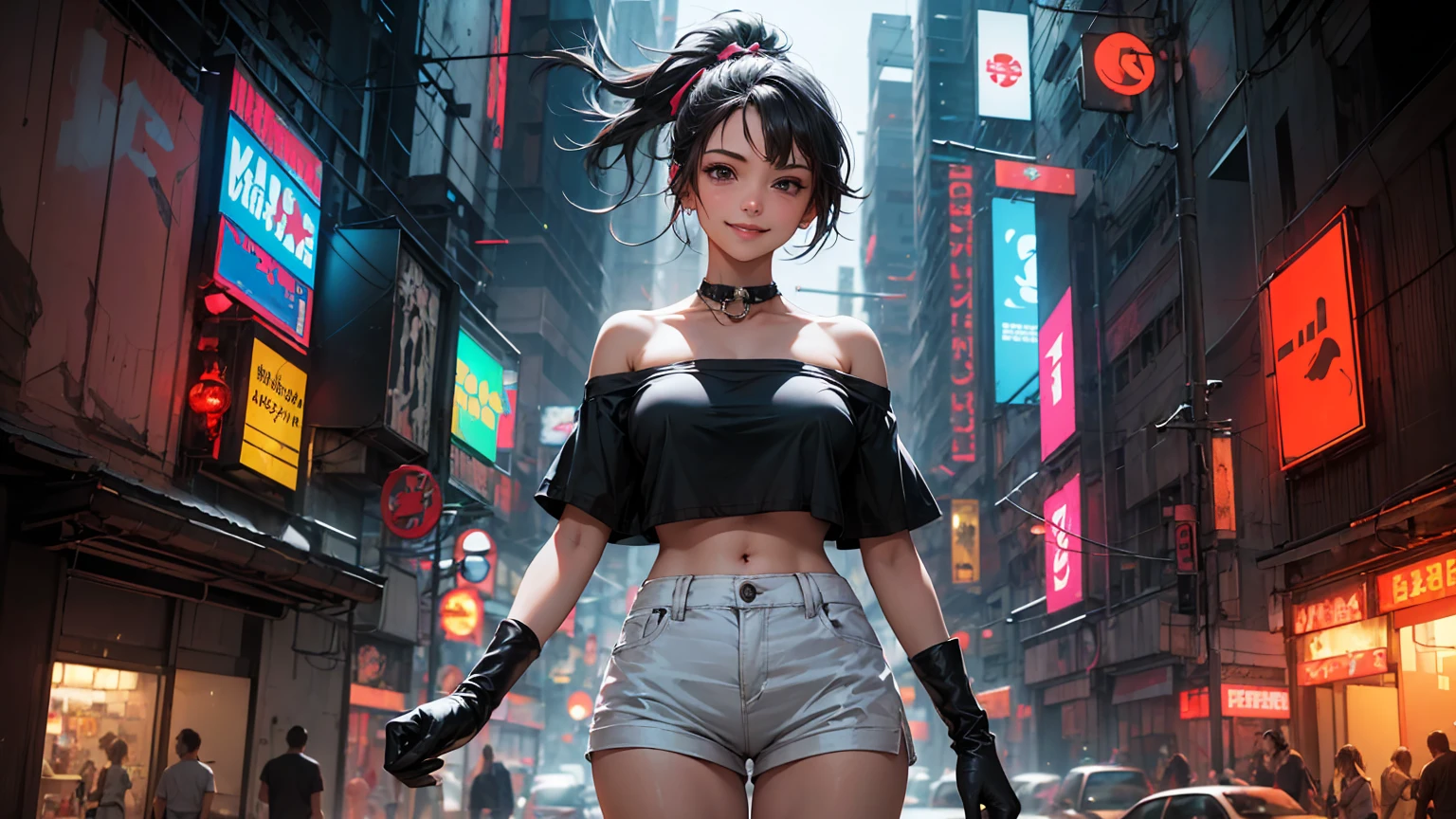 (best quality), indoors, (cyberpunk city:1.2), cowboy shot, 1girl, solo, ProjektMelodyOriginal, bandaid on nose, short hair, ponytail, hair ribbon, hairclip, medium breasts, toned, looking at viewer, smile, happy, strapless, black shirt, print shirt, off-shoulder shirt, crop top, short sleeves, elbow gloves, white gloves, micro shorts, white shorts,