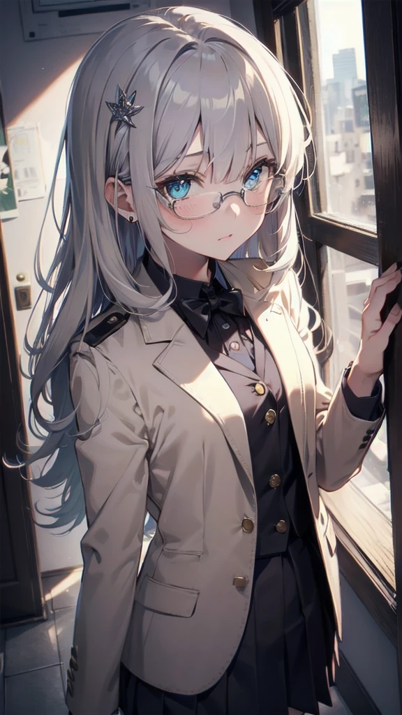 (masterpiece), (best quality), ((very detailed)), (very delicate), (A young girl), cyan eyes, sparkling eyes, droopy eyes, boston eyewear, worried,(Silver gray hair),Short messy hair, Barrette, Medium chest, Blazer uniform , platinum blonde, White skin, Schoolyard, evening, Downcast eyes, lack of confidence, scared of people, afraid, bullied at school, beige blazer uniform, High angle