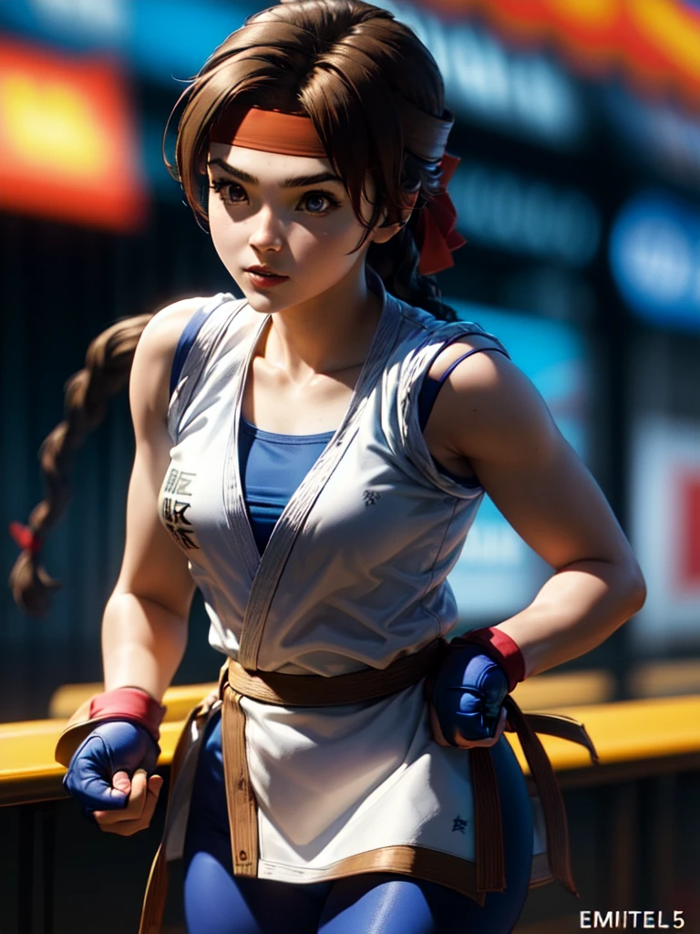 20-year-old woman, alone, athletic, brown hair tied in a braid, wears a red bandana on her forehead, wears blue fingerless gloves, wears blue gloves, high resolution, perfect image, very detailed, high contrast, colors digital, simple, medium shot, cinematic, ultra sharp focus, Award-winning photography, perfect contrast, high sharpness, depth of field, ultra detailed photography. global illumination, fluid, ultra high definition, 8k, Unreal Engine 5, ultra sharp focus, award-winning photography, Art Season Trends,
