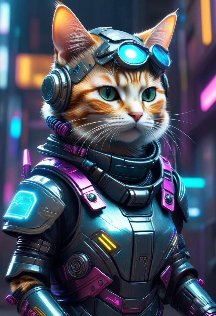 Page des animaux habillés, Image captivante et intrigante d'un chat mignon vêtu d'une armure de style cyberpunk, cybernatique, 