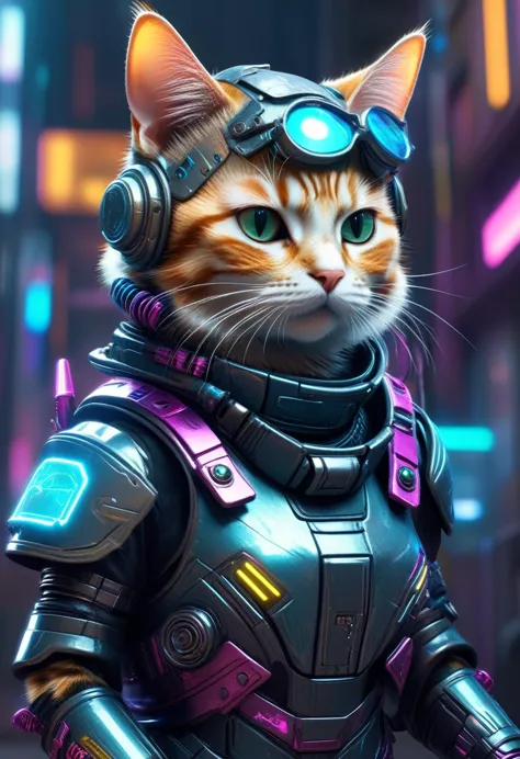 Dressed animals page, captivating and intriguing image of a Cute cat dressed in cyberpunk styled armor, cybernatic, 