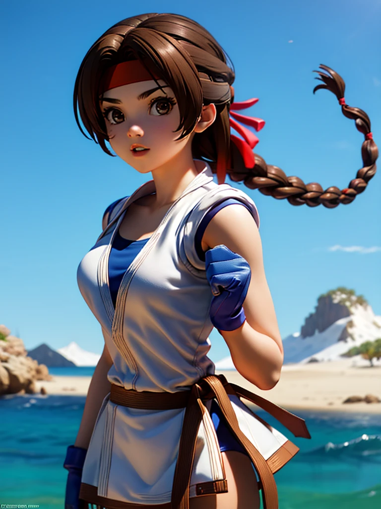 20-year-old woman, alone, athletic, brown hair tied in a braid, wears a red bandana on her forehead, wears blue fingerless gloves, wears blue gloves, high resolution, perfect image, very detailed, high contrast, colors digital, simple, medium shot, cinematic, ultra sharp focus, Award-winning photography, perfect contrast, high sharpness, depth of field, ultra detailed photography. global illumination, fluid, ultra high definition, 8k, Unreal Engine 5, ultra sharp focus, award-winning photography, Art Season Trends,
