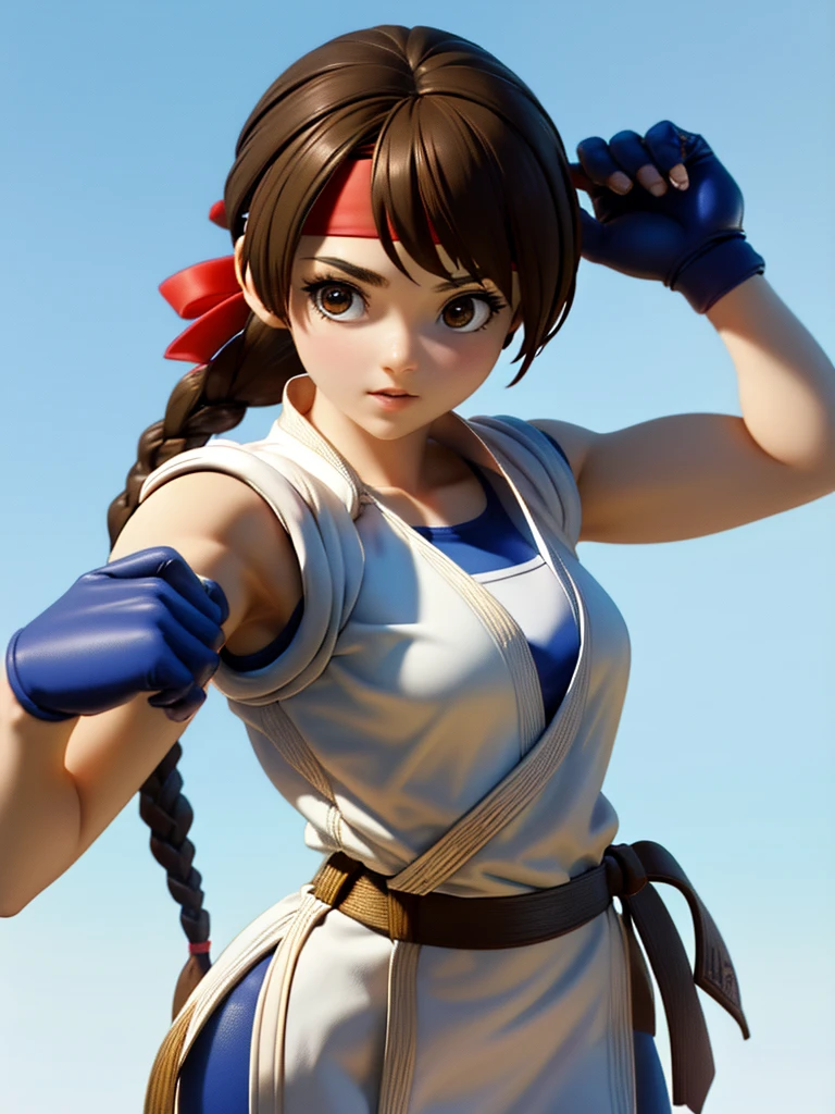 20-year-old woman, alone, athletic, brown hair tied in a braid, wears a red bandana on her forehead, wears blue fingerless gloves, wears blue gloves, high resolution, perfect image, very detailed, high contrast, colors digital, simple, medium shot, cinematic, ultra sharp focus, Award-winning photography, perfect contrast, high sharpness, depth of field, ultra detailed photography. global illumination, fluid, ultra high definition, 8k, Unreal Engine 5, ultra sharp focus, award-winning photography, Art Season Trends,
