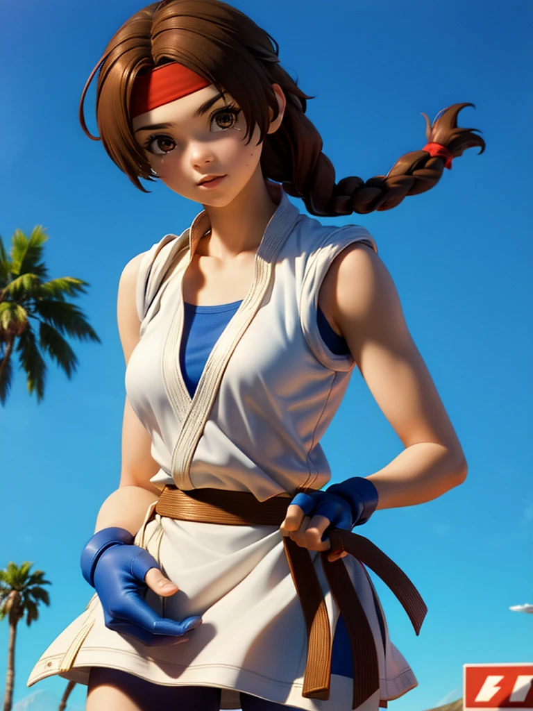 20-year-old woman, alone, athletic, brown hair tied in a braid, wears a red bandana on her forehead, wears blue fingerless gloves, wears blue gloves, high resolution, perfect image, very detailed, high contrast, colors digital, simple, medium shot, cinematic, ultra sharp focus, Award-winning photography, perfect contrast, high sharpness, depth of field, ultra detailed photography. global illumination, fluid, ultra high definition, 8k, Unreal Engine 5, ultra sharp focus, award-winning photography, Art Season Trends,
