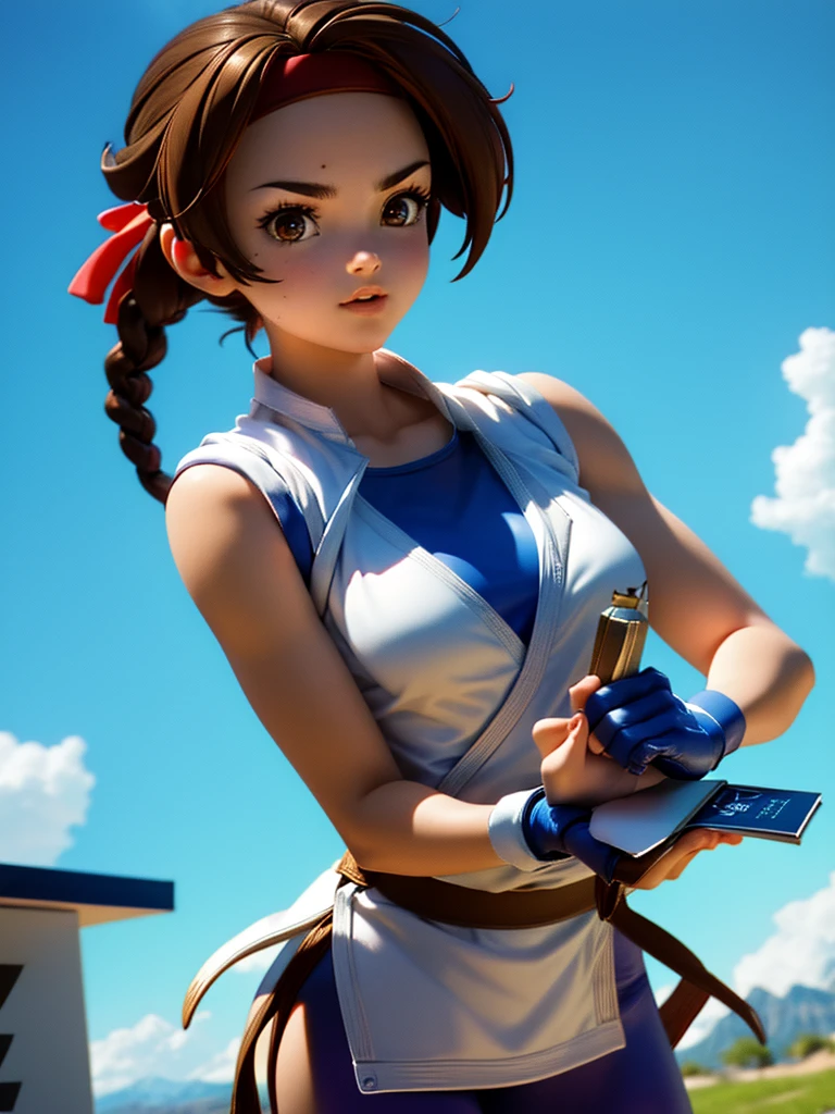 20-year-old woman, alone, athletic, brown hair tied in a braid, wears a red bandana on her forehead, wears blue fingerless gloves, wears blue gloves, high resolution, perfect image, very detailed, high contrast, colors digital, simple, medium shot, cinematic, ultra sharp focus, Award-winning photography, perfect contrast, high sharpness, depth of field, ultra detailed photography. global illumination, fluid, ultra high definition, 8k, Unreal Engine 5, ultra sharp focus, award-winning photography, Art Season Trends,
