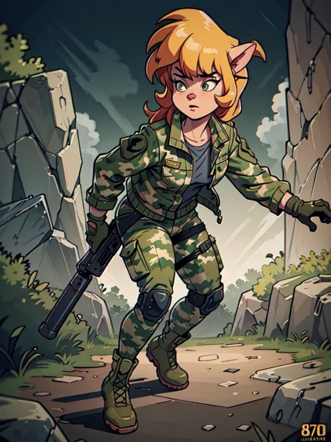 a detailed anthro girl with camouflage jacket, tactical gloves, camouflage pants, army boots, furry, highly detailed, 8k, photor...