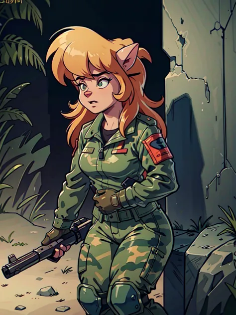 a detailed anthro girl with camouflage jacket, tactical gloves, camouflage pants, army boots, furry, highly detailed, 8k, photor...