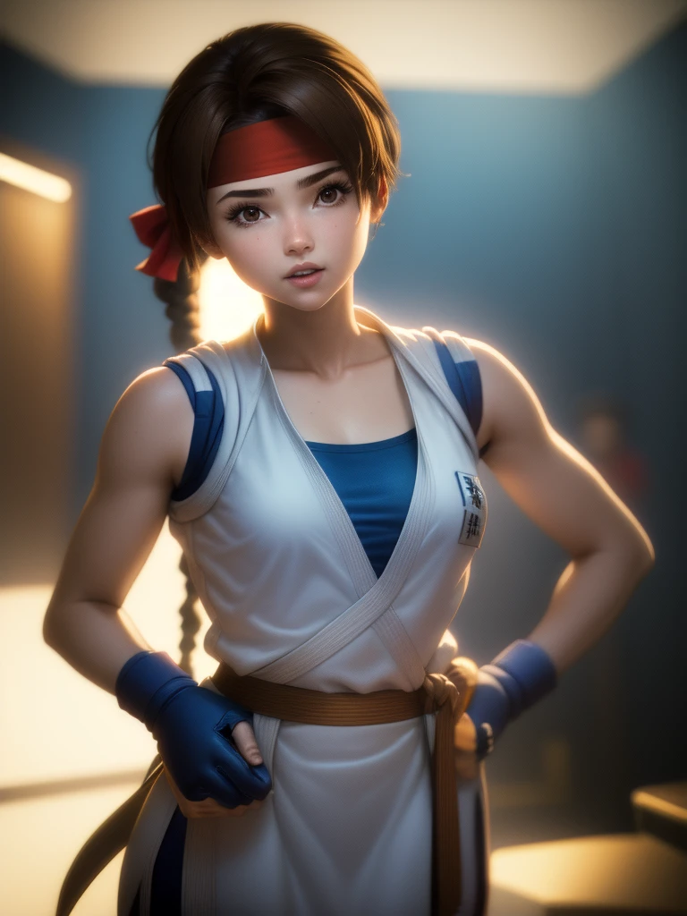 20-year-old woman, alone, athletic, brown hair tied in a braid, wears a red bandana on her forehead, wears blue fingerless gloves, wears blue gloves, high resolution, perfect image, very detailed, high contrast, colors digital, simple, medium shot, cinematic, ultra sharp focus, Award-winning photography, perfect contrast, high sharpness, depth of field, ultra detailed photography. global illumination, fluid, ultra high definition, 8k, Unreal Engine 5, ultra sharp focus, award-winning photography, Art Season Trends,
