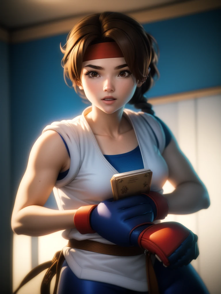 20-year-old woman, alone, athletic, brown hair tied in a braid, wears a red bandana on her forehead, wears blue fingerless gloves, wears blue gloves, high resolution, perfect image, very detailed, high contrast, colors digital, simple, medium shot, cinematic, ultra sharp focus, Award-winning photography, perfect contrast, high sharpness, depth of field, ultra detailed photography. global illumination, fluid, ultra high definition, 8k, Unreal Engine 5, ultra sharp focus, award-winning photography, Art Season Trends,
