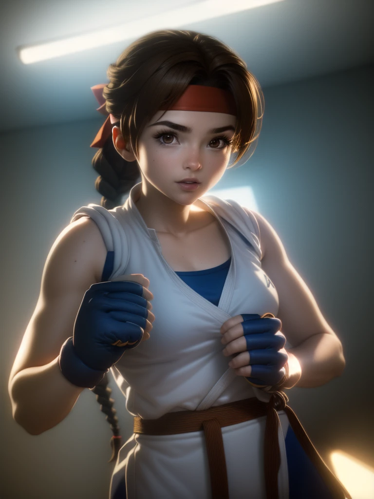 20-year-old woman, alone, athletic, brown hair tied in a braid, wears a red bandana on her forehead, wears blue fingerless gloves, wears blue gloves, high resolution, perfect image, very detailed, high contrast, colors digital, simple, medium shot, cinematic, ultra sharp focus, Award-winning photography, perfect contrast, high sharpness, depth of field, ultra detailed photography. global illumination, fluid, ultra high definition, 8k, Unreal Engine 5, ultra sharp focus, award-winning photography, Art Season Trends,
