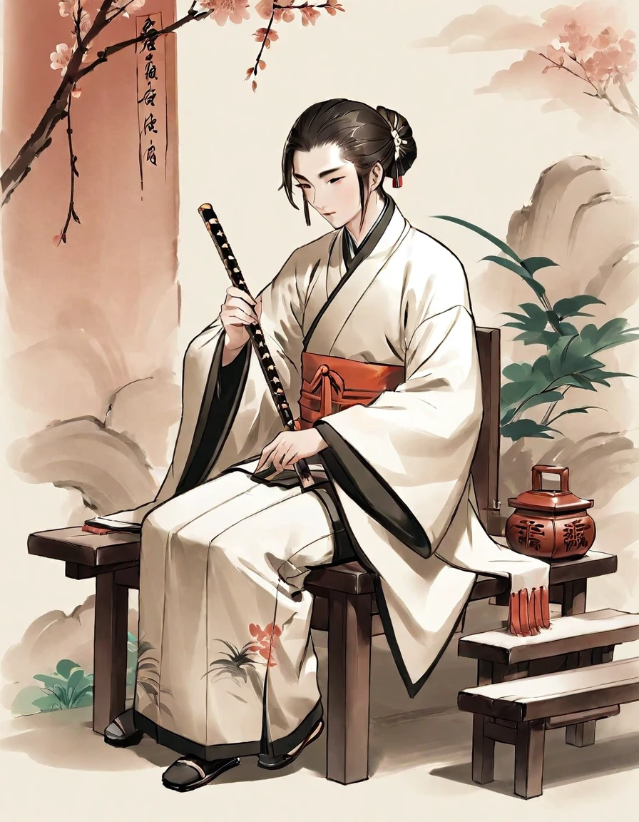 A man，Holding a feather fan，Dressed in cloth，Chinese classical martial arts style，Military division。Sitting and playing the guqin。Freehand ink painting style，Simple style，Declaring a sense of paper。