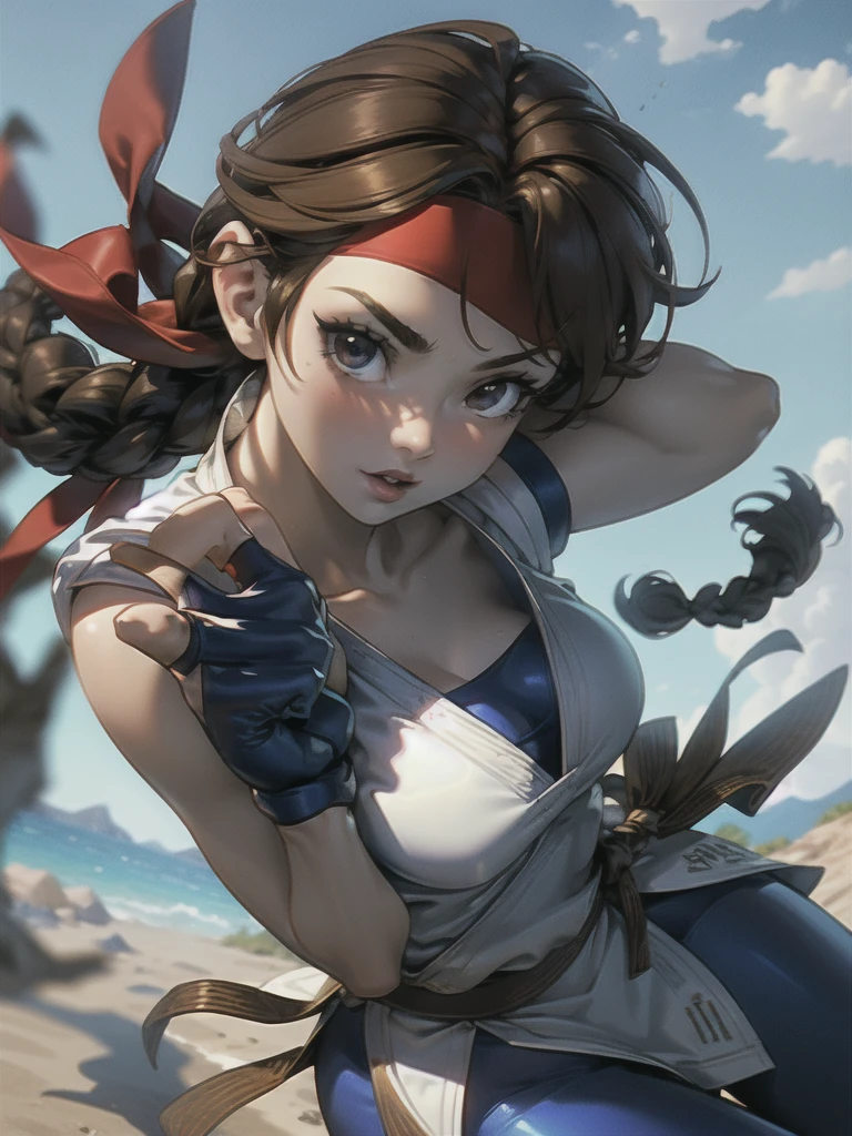 20-year-old woman, alone, athletic, brown hair tied in a braid, wears a red bandana on her forehead, wears blue fingerless gloves, wears blue gloves, high resolution, perfect image, very detailed, high contrast, colors digital, simple, medium shot, cinematic, ultra sharp focus, Award-winning photography, perfect contrast, high sharpness, depth of field, ultra detailed photography. global illumination, fluid, ultra high definition, 8k, Unreal Engine 5, ultra sharp focus, award-winning photography, Art Season Trends,
