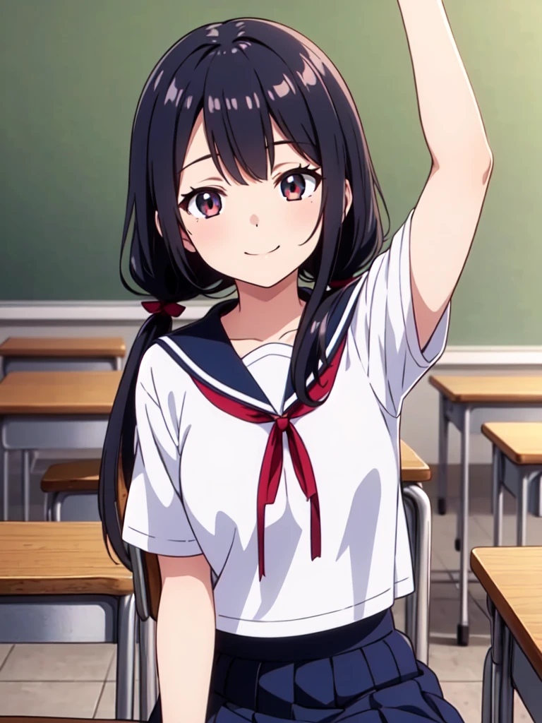 1girl, sitting, arm in front, arm up on chest, arm bend, open hand, spread fingers, show palms, (head tilt), smile, 15yo,
classroom, indoors, school chair, school desk, (low twintails girl), low pigtails, red ribbon on hair, very long black hair,
navy-blue collar, white serafuku with blue ribbon, navy-blue skirt,
(dark brown eye), afternoon, summer,
school,
(from front:1.4), upper body,
anime, high brightness, detailed face, detailed eyes,
(high quality, ultra detailed, masterpiece, FHD), good hands, good fingers