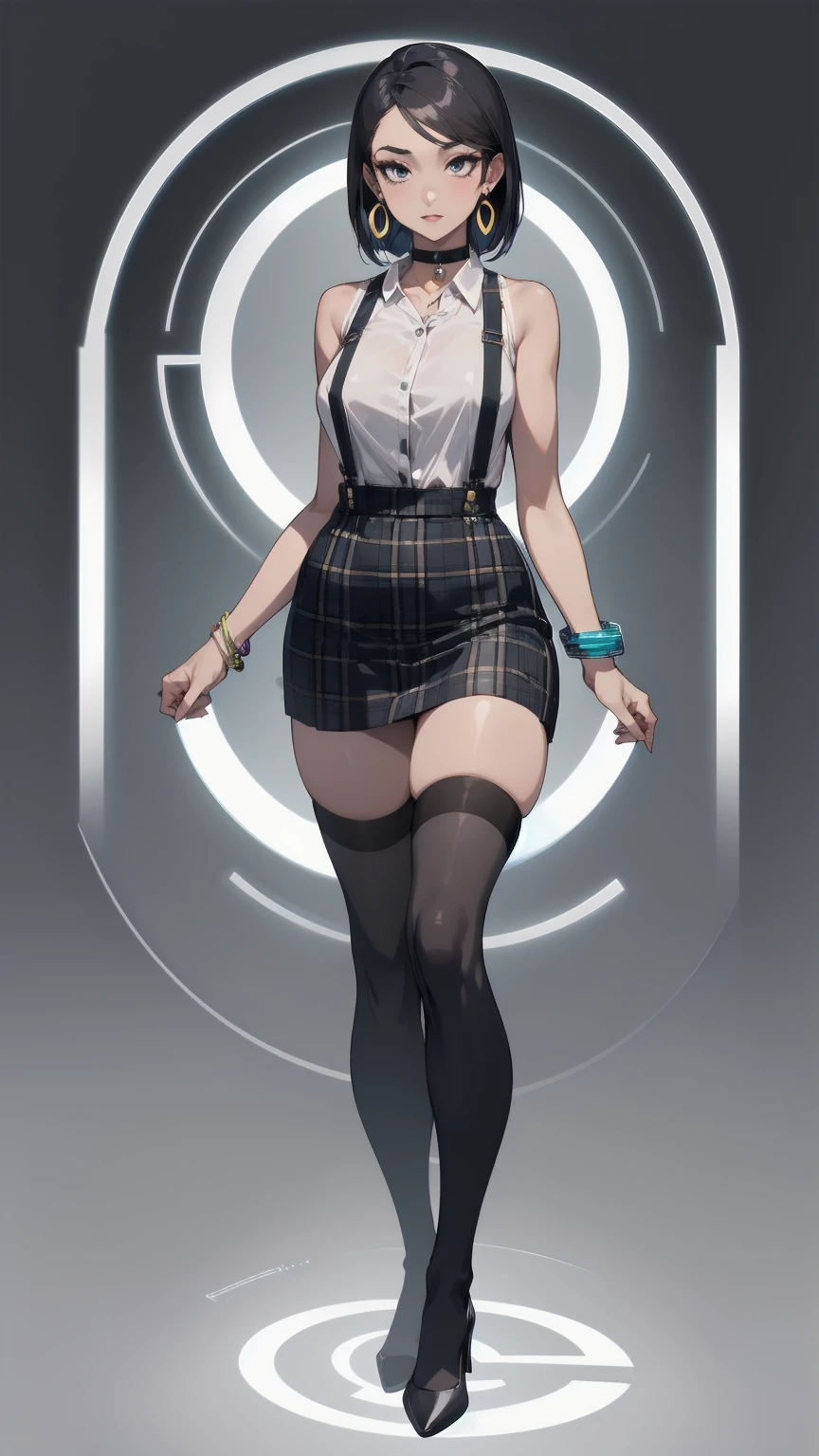 1 girl, looking directly at viewer, business attire, tan skin, top showing skin, big circle earrings, choker, skirt, shirt, thighhighs, jewelry, earrings, thighhighs, bracelet, plaid, makeup, suspenders, suspender skirt, highly detailed, bare shoulders, natural lighting, full body view, standing still, bright colors