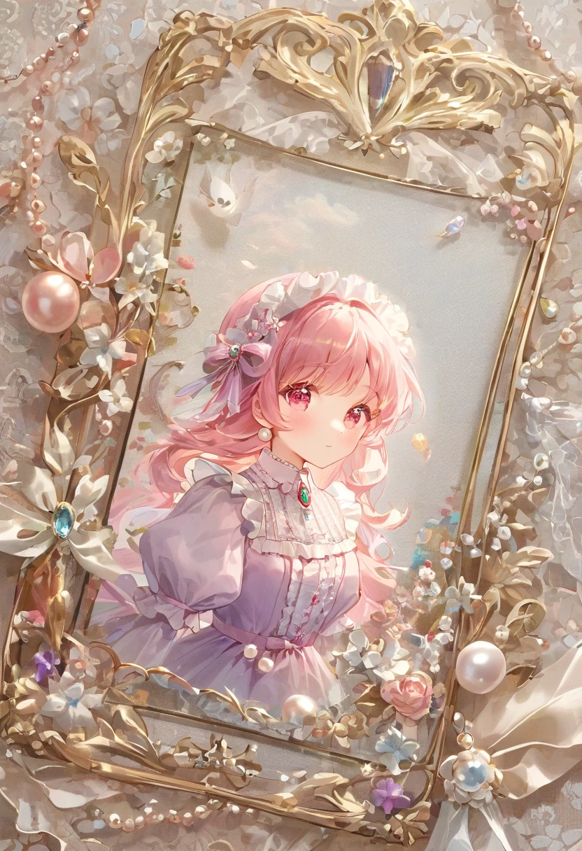 ((background only)),(((masterpiece))), (((Highest quality))), ((Super detailed)), ((非常にdelicateで美しい)), (最高masterpiece:1.4),delicate,８ｋ,Beautiful satin wallpaper((Generate only frills:1.4)),(Full-screen texture:1.4)Collage fabric,ghostwhite,Lots of tulle,Pearl ornament,(Shabby chic),Cute atmosphere