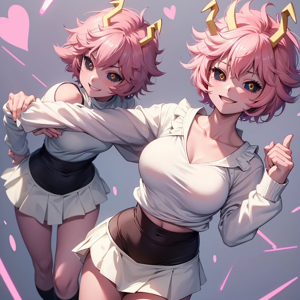 mina ashido, 1 girl, Alone, looking at viewer, Smile, short hair, open mouth, simple background, long sleeves, white background, Bare shoulders, collarbone, yellow eyes, pink hair, :d, heart, cowboy shot, horns,(wearing),+,(a hyper short, hyper tight pencil skirt and a hyper sexy white blouse) 