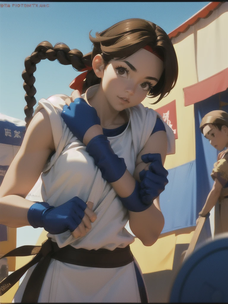 20-year-old woman, alone, athletic, brown hair tied in a braid, wears a red bandana on her forehead, wears blue fingerless gloves, wears blue gloves, high resolution, perfect image, very detailed, high contrast, colors digital, simple, medium shot, cinematic, ultra sharp focus, Award-winning photography, perfect contrast, high sharpness, depth of field, ultra detailed photography. global illumination, fluid, ultra high definition, 8k, Unreal Engine 5, ultra sharp focus, award-winning photography, Art Season Trends,
