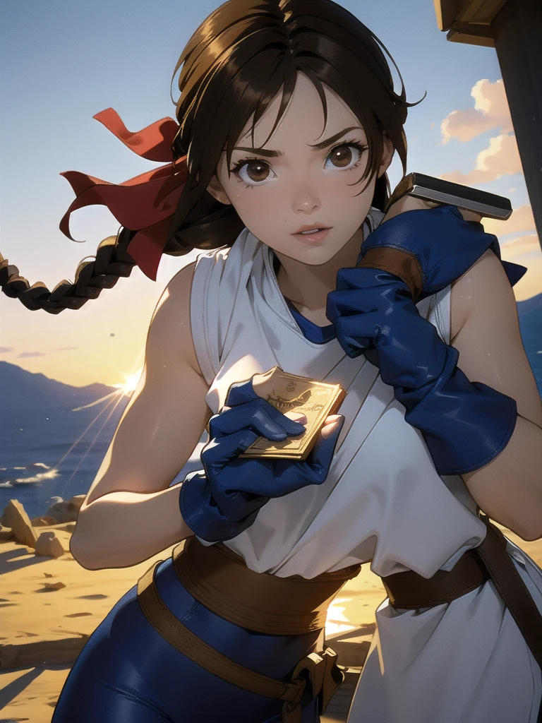 20-year-old woman, alone, athletic, brown hair tied in a braid, wears a red bandana on her forehead, wears blue fingerless gloves, wears blue gloves, high resolution, perfect image, very detailed, high contrast, colors digital, simple, medium shot, cinematic, ultra sharp focus, Award-winning photography, perfect contrast, high sharpness, depth of field, ultra detailed photography. global illumination, fluid, ultra high definition, 8k, Unreal Engine 5, ultra sharp focus, award-winning photography, Art Season Trends,
