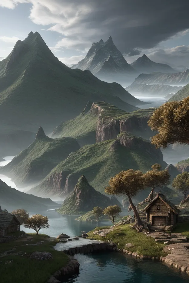 3d fantasy world. landscape, mountain, water, cloudy, peaceful and calm. very detailed and cinematic lighting.