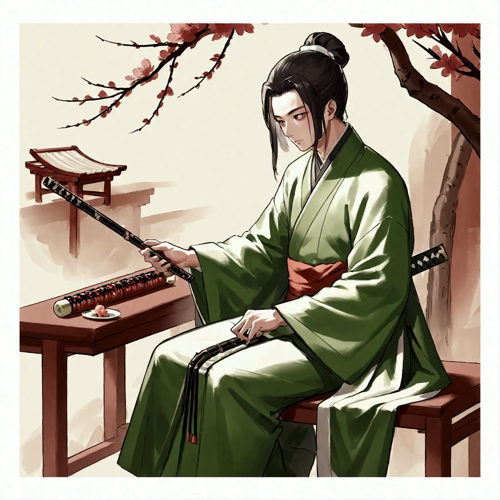 a man，holding a feather fan，dressed in cloth，chinese classical martial arts style，military division。sitting and playing the guqi...