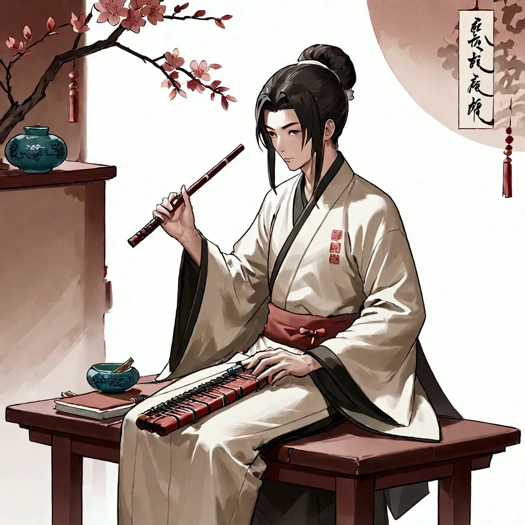 a man，holding a feather fan，dressed in cloth，chinese classical martial arts style，military division。sitting and playing the guqi...