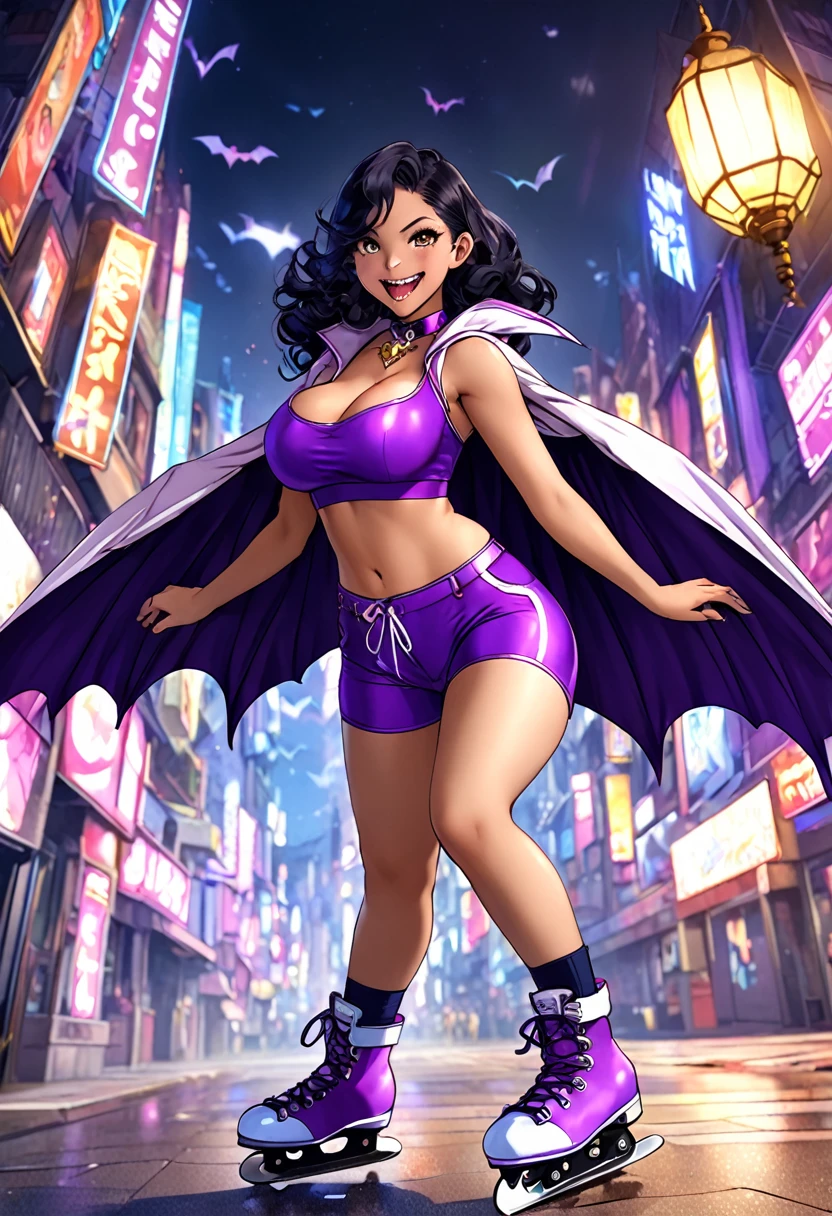 ( lilica felchenerow (arcana heart) cosplay), (skates, gold sleeveless parka, purple tube top, purple spandex shorts,  purple collar, bat wings), ((masterpiece,best quality, hyper-hdr,  8k uhd,  hyper-detailed)), connie maheswaran, long hair, black hair, pink blade, fangs, full shot, smile, big breast, age 25, sensual pin-up,  flirty cleavage  tease