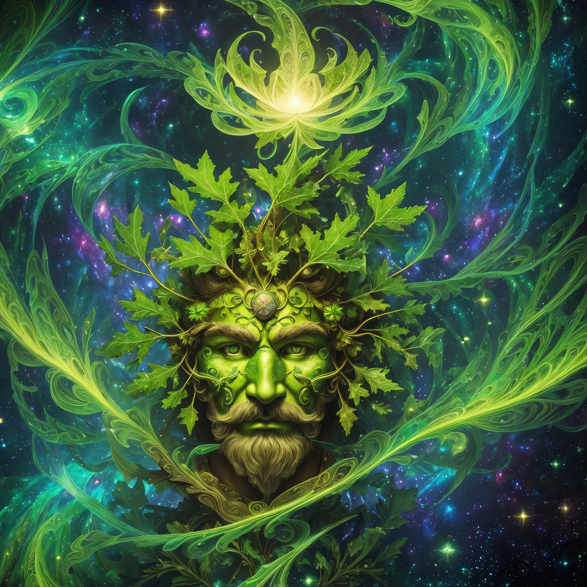 (High resolution, incredibly detailed, masterpiece), a precise symmetric center balanced (single face only) portrait of (one masculine Gaelic Greenman), green (oak leaves) floating, colorful (mystic swirling mists), featuring fractal geometry in (vibrant colors:0.8), set against a (galactic background:1.2), bringing together complex, mesmerizing shapes and patterns, dmt, fractal art, holy light.