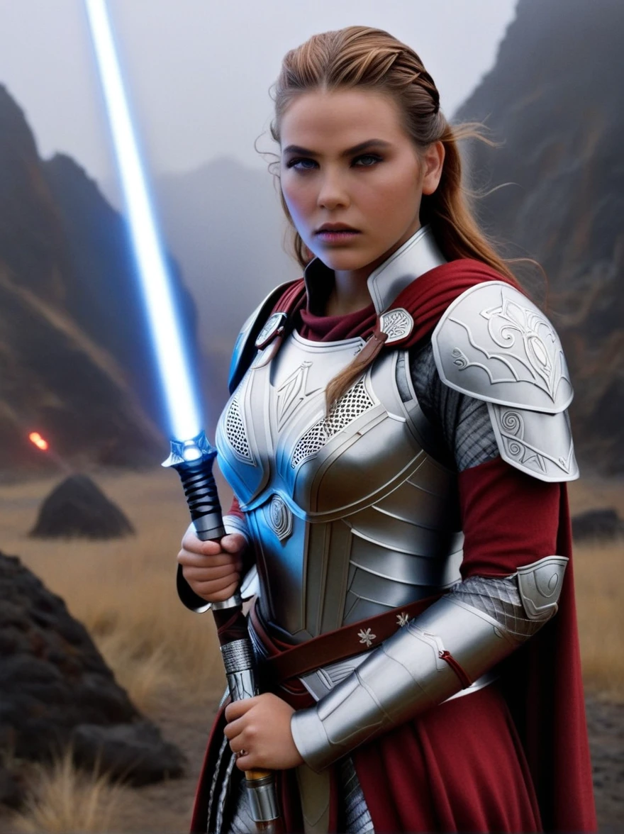 ((Best quality)), in a dark fantasy world, Valkyrie hvatamba turned upward from the fog, her eyes glow, steel patterns run across the chitin of the armor, she is a daring hunter from the dark world, she holds a white rose glowing with ruby light and a sparkling Jedi lightsaber, hyperrealism, 64:128