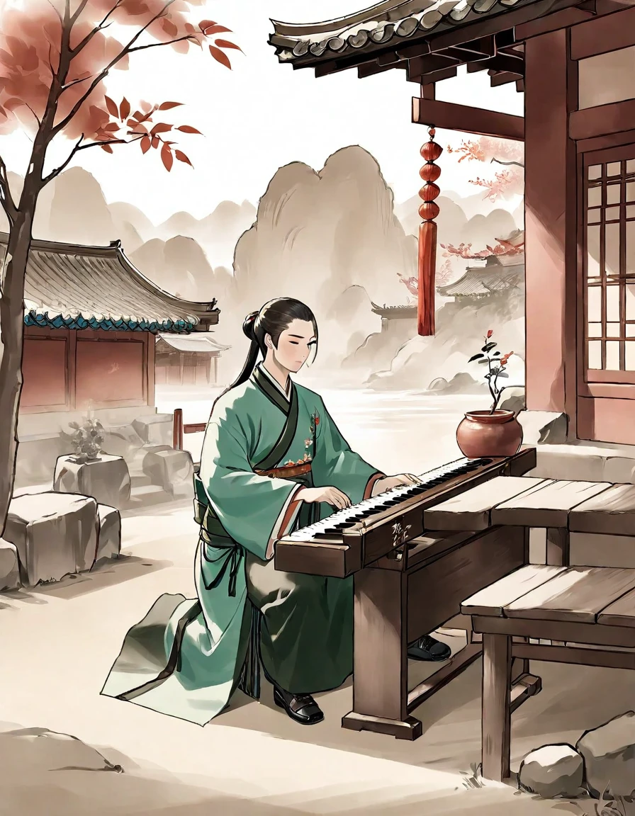 A man，Holding a feather fan，Dressed in cloth，Chinese classical martial arts style，Military division。Sitting in the military camp and playing the piano。Freehand ink painting style，Simple style，Declaring a sense of paper。