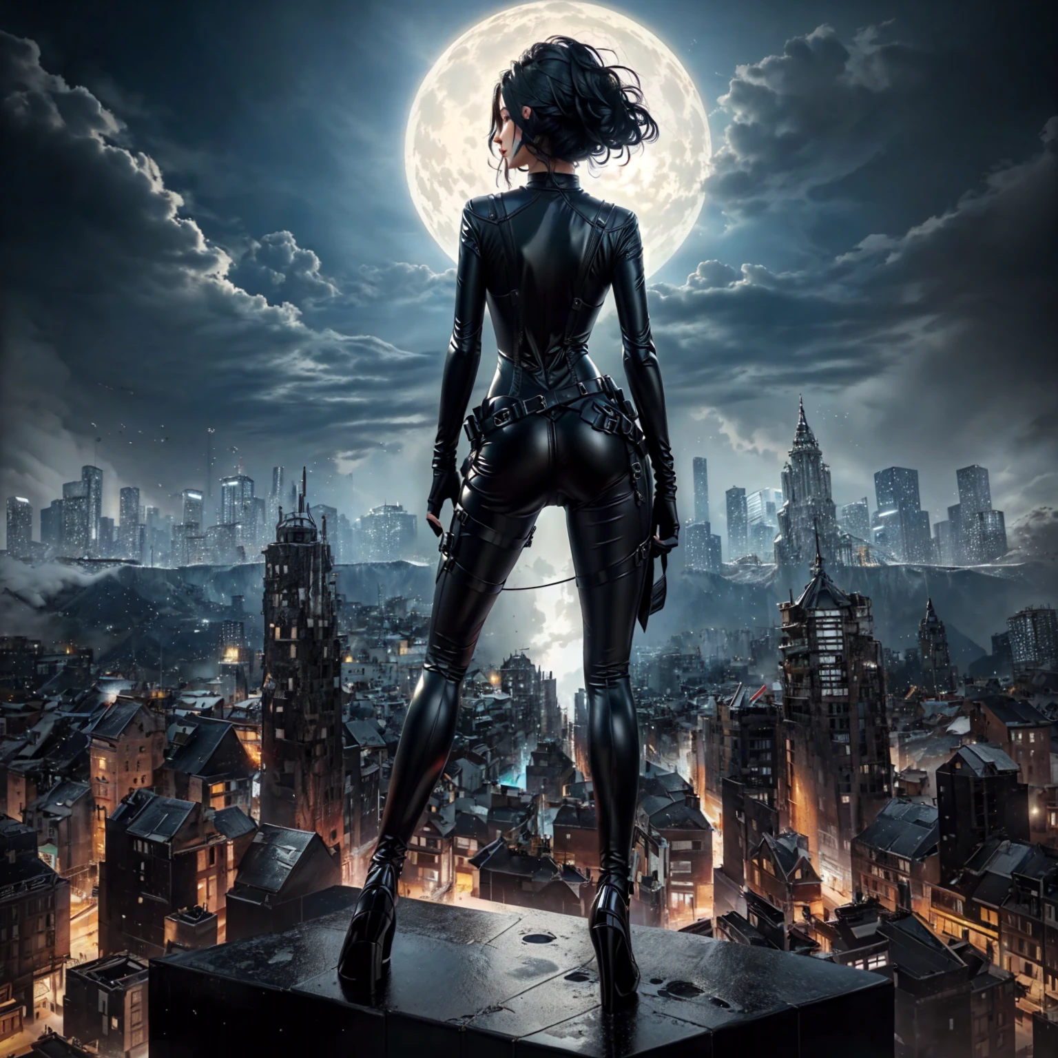 Woman in tight black leather outfit ,realistically  ,,black hair , อนิเมะrealistically , Building view