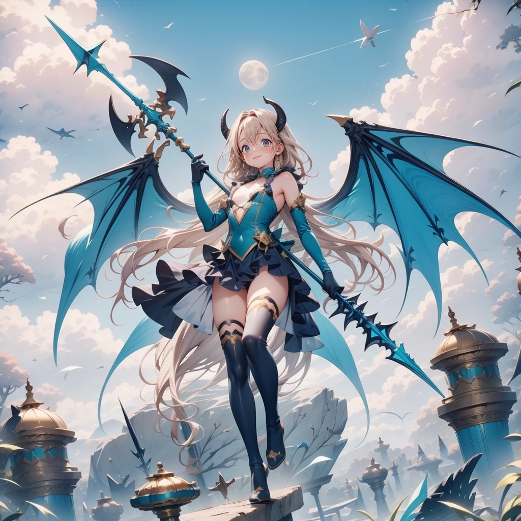 (Turquoise fantasy style) ,(8K),(illusory),Solitary,1 Girl,Yellow hair, Devil's Point,Gradient Wing, Practical, best quality, masterpiece, Ultra Detailed, Ultra-high resolution,rest (outdoor),Flying in the sky,moon,spear,Look at the audience,Scary face